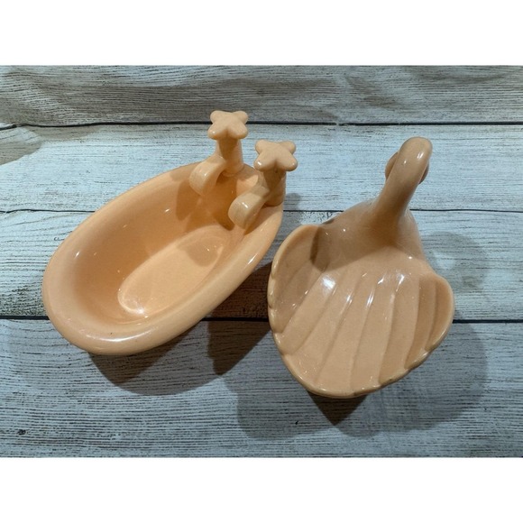 Vintage Retro Lot Of 2 Peach Hard Plastic Swan & Bathtub Soap Dish MCM Tub6 - Picture 6 of 6